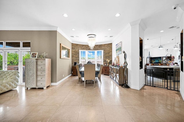 3521 Forest View Cir, Dania Beach, FL 33312 - dining room with ornamental molding, a chandelier, recessed lighting, and light tile patterned flooring