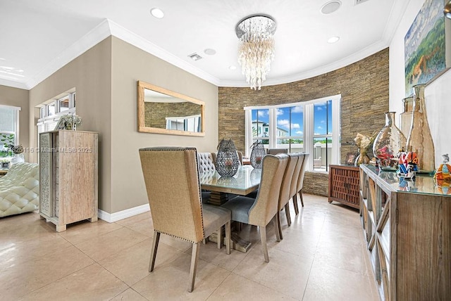 3521 Forest View Cir, Dania Beach, FL 33312 - dining space with a chandelier, crown molding, healthy amount of natural light, light tile patterned floors, and recessed lighting