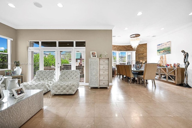 3521 Forest View Cir, Dania Beach, FL 33312 - tiled living room with ornamental molding, recessed lighting, and a chandelier