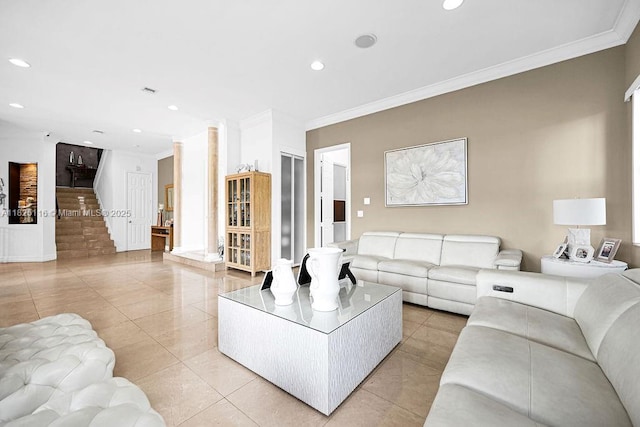 3521 Forest View Cir, Dania Beach, FL 33312 - living room featuring crown molding, stairs, light tile patterned flooring, and recessed lighting