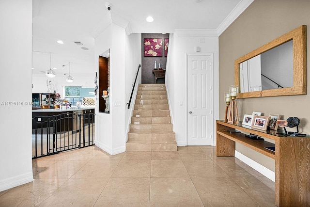 3521 Forest View Cir, Dania Beach, FL 33312 - stairway featuring crown molding and recessed lighting