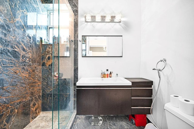 3521 Forest View Cir, Dania Beach, FL 33312 - full bathroom featuring vanity, a shower stall, and marble finish floors