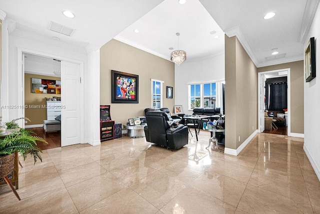 3521 Forest View Cir, Dania Beach, FL 33312 - living room with ornamental molding, light marble finish flooring, and recessed lighting