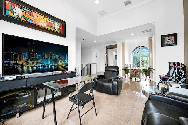 3521 Forest View Cir, Dania Beach, FL 33312 - living room with ornamental molding, ornate columns, tile patterned flooring, and recessed lighting