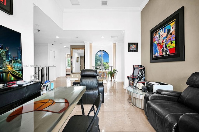 3521 Forest View Cir, Dania Beach, FL 33312 - living area with ornamental molding, recessed lighting, and light tile patterned floors