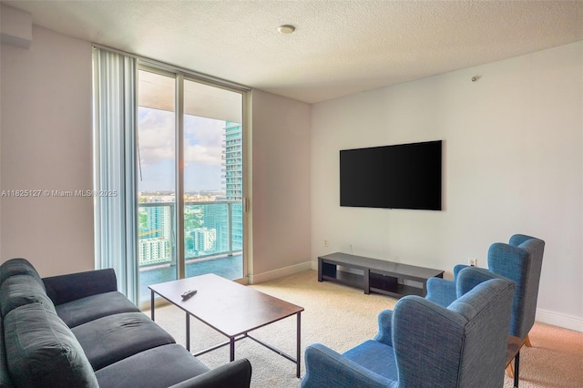 1250 S Miami Ave Unit 3003, Miami, FL 33130 - living area with carpet, expansive windows, and a textured ceiling
