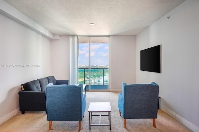 1250 S Miami Ave Unit 3003, Miami, FL 33130 - living room featuring light colored carpet, expansive windows, and a textured ceiling