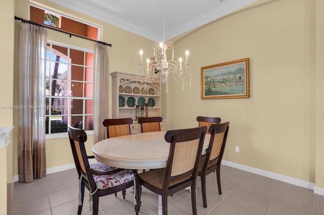 819 SW Bromelia Ter, Stuart, FL 34997 - dining space with light tile patterned floors, ornamental molding, and a chandelier