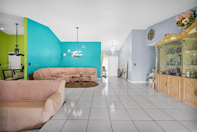 5610 NW 54th Ave, Tamarac, FL 33319 - tiled living room featuring a chandelier and vaulted ceiling