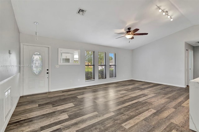 509 SW Hamburg Ter, Port St Lucie, FL 34984 - foyer featuring a ceiling fan, wood finished floors, lofted ceiling, and track lighting