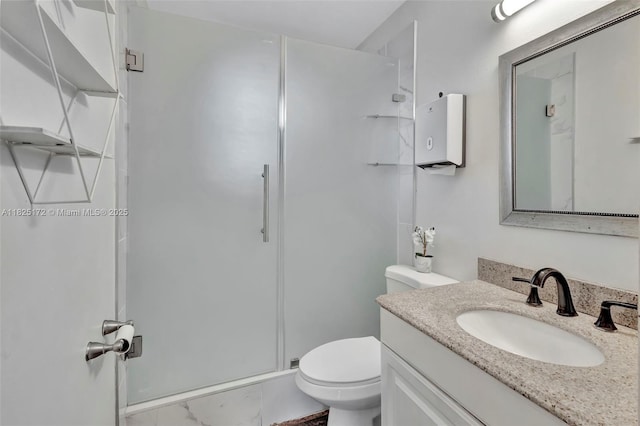 509 SW Hamburg Ter, Port St Lucie, FL 34984 - bathroom featuring a shower stall, vanity, and marble look tiles