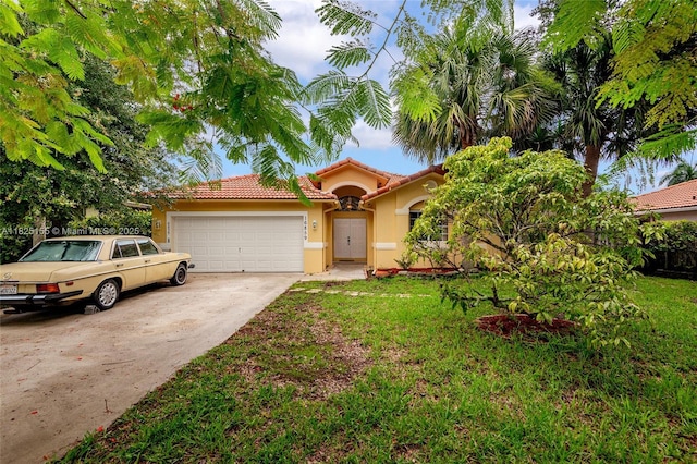 16859 Crestview Ln, Weston, FL 33326 - mediterranean / spanish-style home featuring a tiled roof, stucco siding, a garage, concrete driveway, and a front lawn