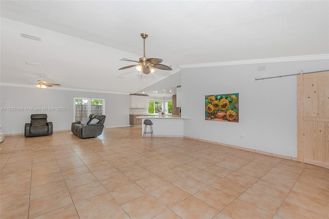 16859 Crestview Ln, Weston, FL 33326 - unfurnished living room featuring a ceiling fan, crown molding, vaulted ceiling, and light tile patterned flooring