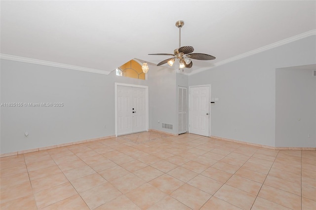 16859 Crestview Ln, Weston, FL 33326 - empty room featuring a ceiling fan, ornamental molding, and light tile patterned flooring