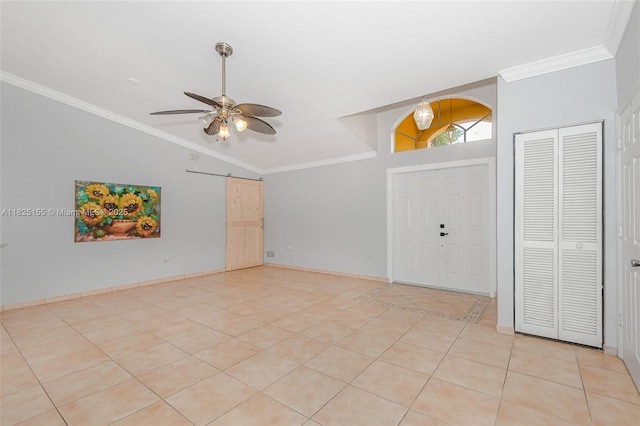16859 Crestview Ln, Weston, FL 33326 - foyer featuring ceiling fan, lofted ceiling, crown molding, and light tile patterned floors