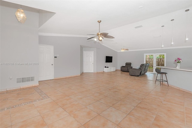 16859 Crestview Ln, Weston, FL 33326 - living area featuring ceiling fan, vaulted ceiling, light tile patterned floors, and crown molding
