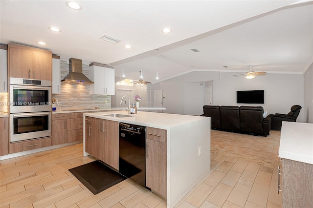 16859 Crestview Ln, Weston, FL 33326 - kitchen with wall chimney exhaust hood, black appliances, a ceiling fan, decorative backsplash, and vaulted ceiling
