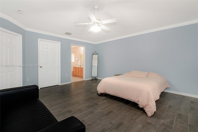 16859 Crestview Ln, Weston, FL 33326 - bedroom with wood finished floors, crown molding, a ceiling fan, and connected bathroom