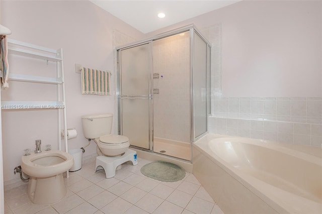 16859 Crestview Ln, Weston, FL 33326 - bathroom featuring a bidet, a shower stall, a garden tub, tile patterned floors, and recessed lighting