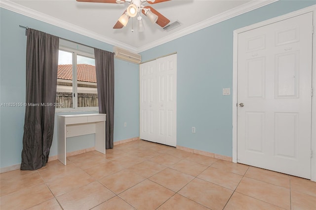 16859 Crestview Ln, Weston, FL 33326 - unfurnished bedroom featuring crown molding, an AC wall unit, light tile patterned floors, a ceiling fan, and a closet