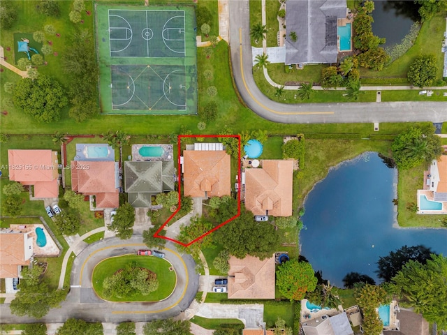 16859 Crestview Ln, Weston, FL 33326 - aerial view of residential area with property parcel outlined and a large body of water
