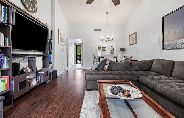3059 S Carambola Cir S Unit 2330, Coconut Creek, FL 33066 - living room featuring wood finished floors, ceiling fan, a chandelier, and a textured ceiling