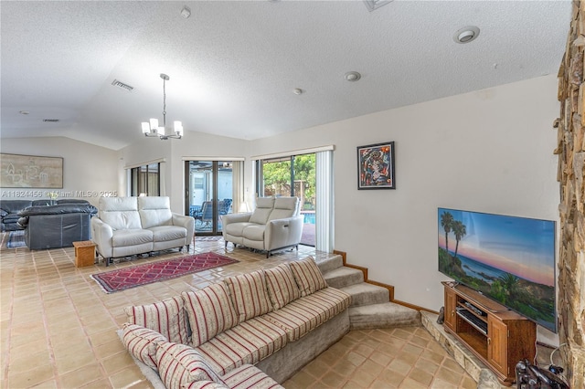 1460 NW 99th Ave, Plantation, FL 33322 - living area with lofted ceiling, a chandelier, and a textured ceiling