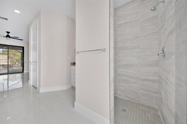 1520 NW 36th Pl, Cape Coral, FL 33993 - full bathroom featuring a tile shower, tile patterned flooring, a ceiling fan, vanity, and recessed lighting