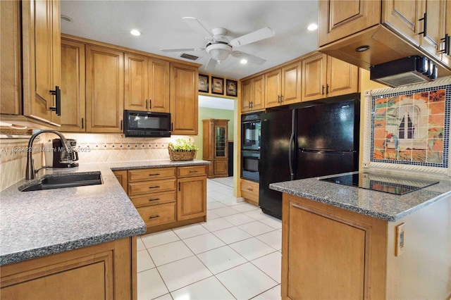 134 E Palm Dr, Margate, FL 33063 - kitchen with black appliances, a ceiling fan, decorative backsplash, brown cabinets, and recessed lighting