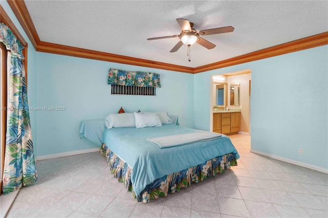 134 E Palm Dr, Margate, FL 33063 - bedroom featuring ornamental molding, a textured ceiling, light tile patterned floors, a ceiling fan, and ensuite bathroom