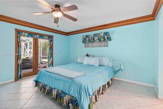 134 E Palm Dr, Margate, FL 33063 - bedroom with ornamental molding, access to exterior, a textured ceiling, french doors, and light tile patterned floors