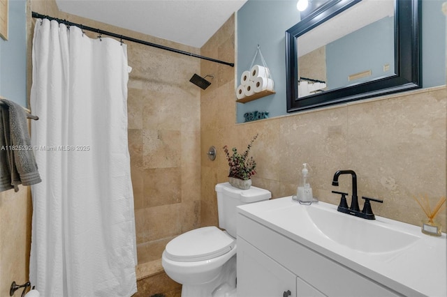 3610 NW 171st St, Miami Gardens, FL 33056 - bathroom featuring a tile shower, tile walls, backsplash, and vanity