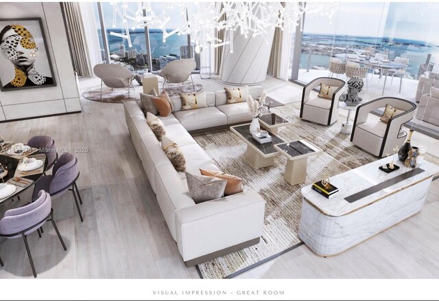 300 Biscayne Blvd Way Unit 4301, Miami, FL 33131 - living room featuring wood finished floors, a chandelier, and a water view