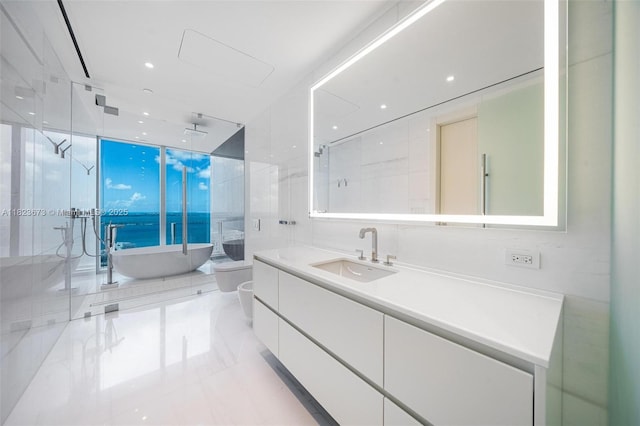 300 Biscayne Blvd Way Unit 4301, Miami, FL 33131 - full bathroom featuring a marble finish shower, vanity, and a freestanding tub