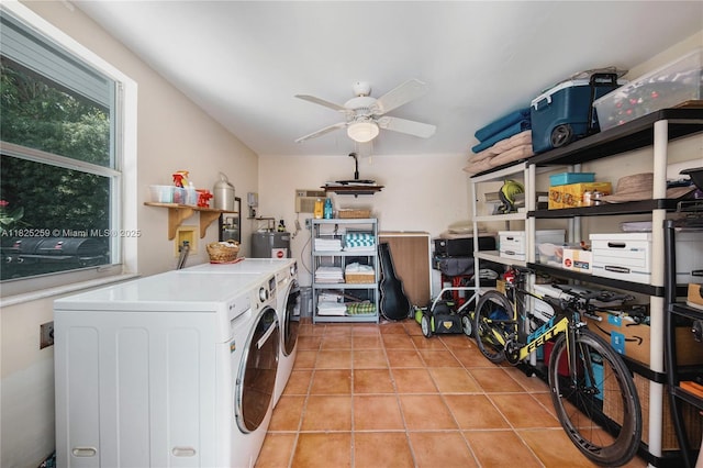 443 SW 18th Rd, Miami, FL 33129 - laundry area featuring independent washer and dryer, light tile patterned floors, electric water heater, and ceiling fan