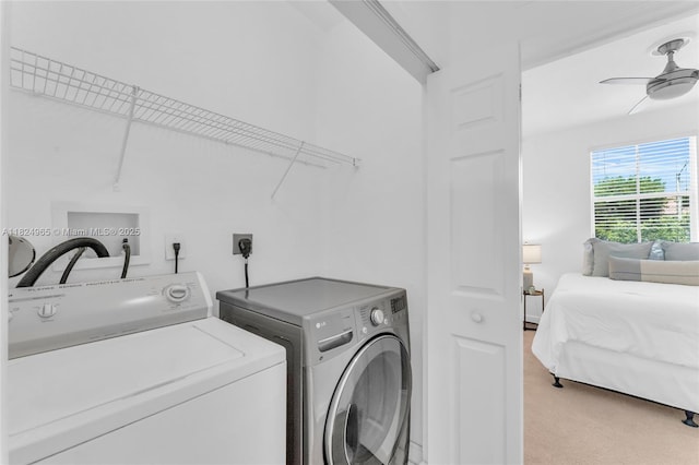 8081 NW 107th Ct, Doral, FL 33178 - washroom featuring washer and dryer, light carpet, and a ceiling fan