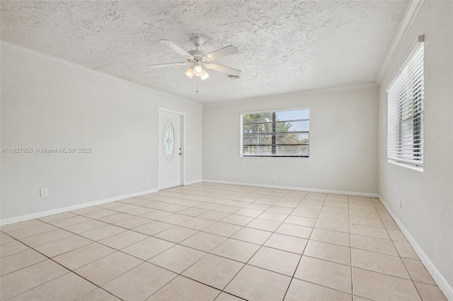 2817 SW 8th St, Fort Lauderdale, FL 33312 - empty room featuring crown molding, a ceiling fan, a textured ceiling, and light tile patterned flooring