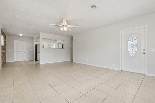 2817 SW 8th St, Fort Lauderdale, FL 33312 - unfurnished living room featuring ceiling fan, crown molding, a textured ceiling, and light tile patterned flooring