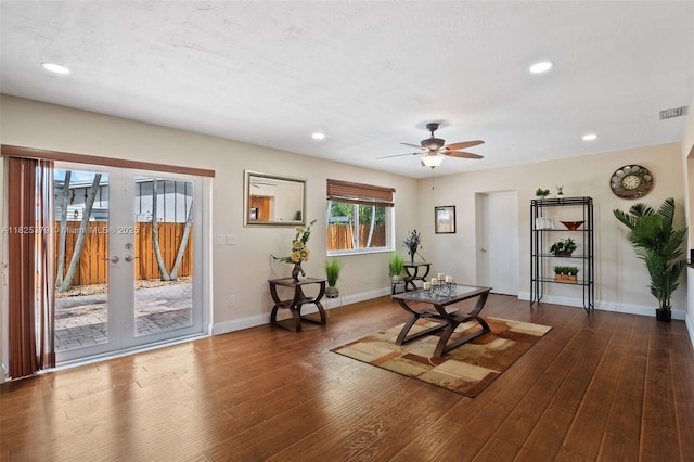 2251 NW 87th Ave, Pembroke Pines, FL 33024 - living area featuring french doors, wood finished floors, recessed lighting, and ceiling fan