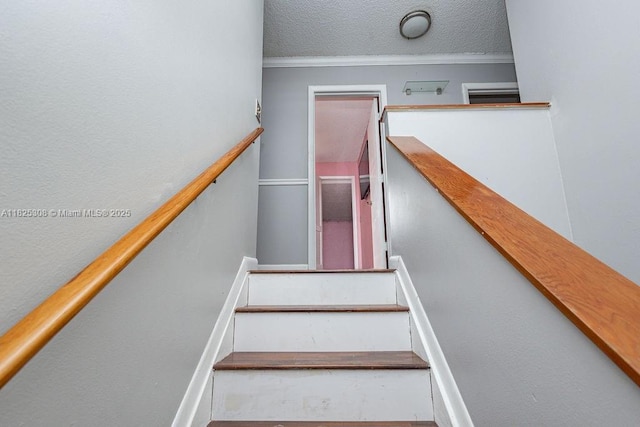 3420 NW 21st Ct, Coconut Creek, FL 33066 - stairway featuring ornamental molding and a textured ceiling