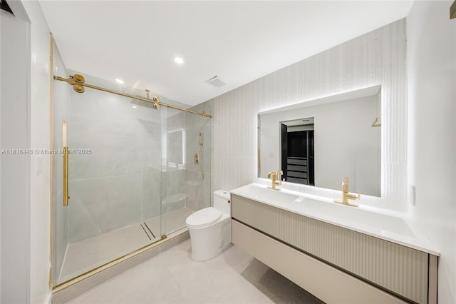 1344 SW 18th St, Miami, FL 33145 - bathroom with vanity, a shower stall, tile patterned flooring, and recessed lighting
