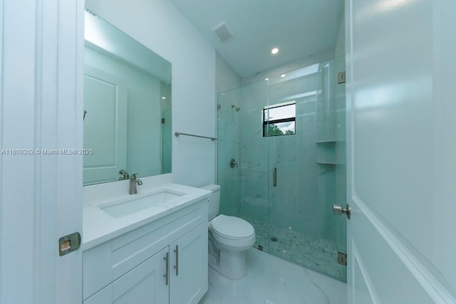 719 Almelia St E, Lehigh Acres, FL 33974 - bathroom with a marble finish shower, vanity, recessed lighting, and marble finish floors