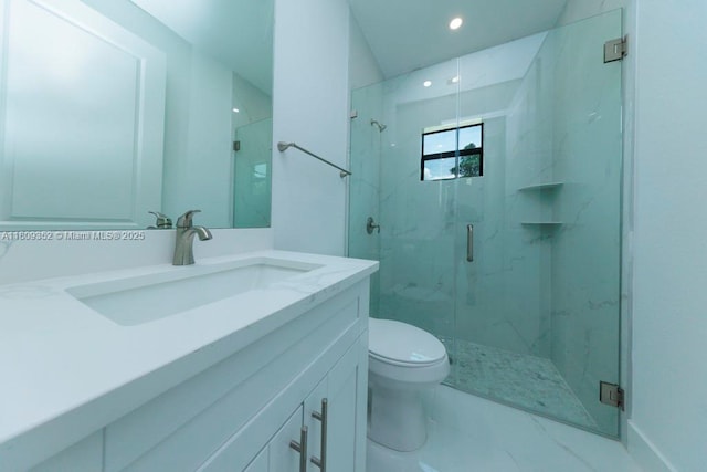 719 Almelia St E, Lehigh Acres, FL 33974 - bathroom featuring a marble finish shower, vanity, marble finish flooring, and recessed lighting