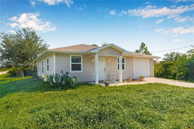 2818 W 66th St, Lehigh Acres, FL 33971 - view of front of home featuring a garage, a front yard, concrete driveway, and a porch