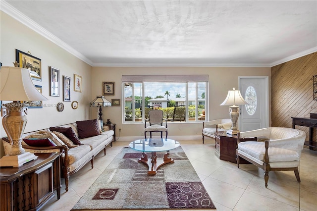 8220 NW 24th Ct, Pembroke Pines, FL 33024 - living room with crown molding, light tile patterned floors, and wooden walls
