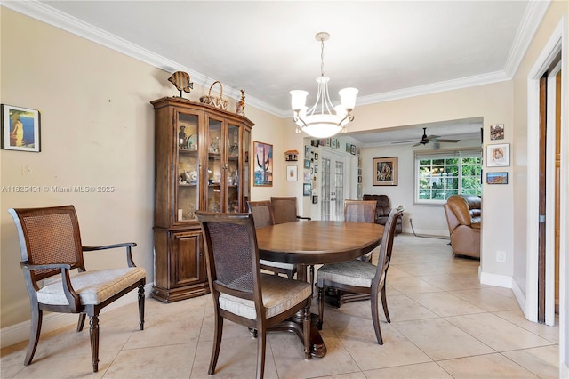 8220 NW 24th Ct, Pembroke Pines, FL 33024 - dining space featuring ornamental molding, a chandelier, light tile patterned floors, and ceiling fan