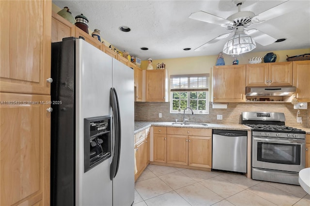8220 NW 24th Ct, Pembroke Pines, FL 33024 - kitchen featuring appliances with stainless steel finishes, under cabinet range hood, decorative backsplash, light tile patterned floors, and ceiling fan