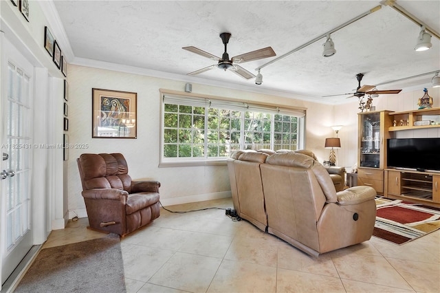 8220 NW 24th Ct, Pembroke Pines, FL 33024 - living area featuring ceiling fan, ornamental molding, light tile patterned floors, and track lighting