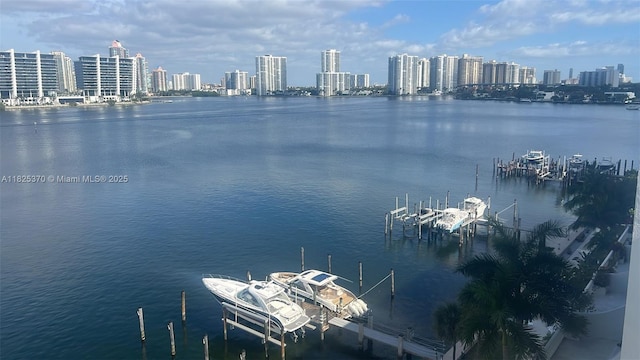 17878 N Bay Rd Unit 507, Sunny Isles Beach, FL 33160 - water view featuring city skyline, a boat dock, and boat lift