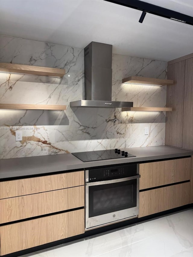 800 N Miami Ave Unit E-901, Miami, FL 33136 - kitchen with stainless steel oven, open shelves, black electric stovetop, wall chimney exhaust hood, and light marble finish floors